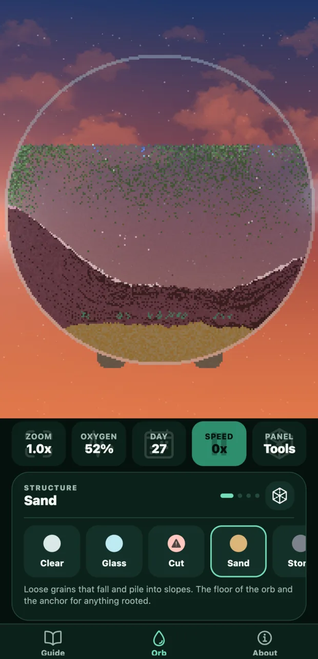 A pixel-art glass jar at dusk, with sand, water, algae and drifting daphnia, above a panel of drawing tools.